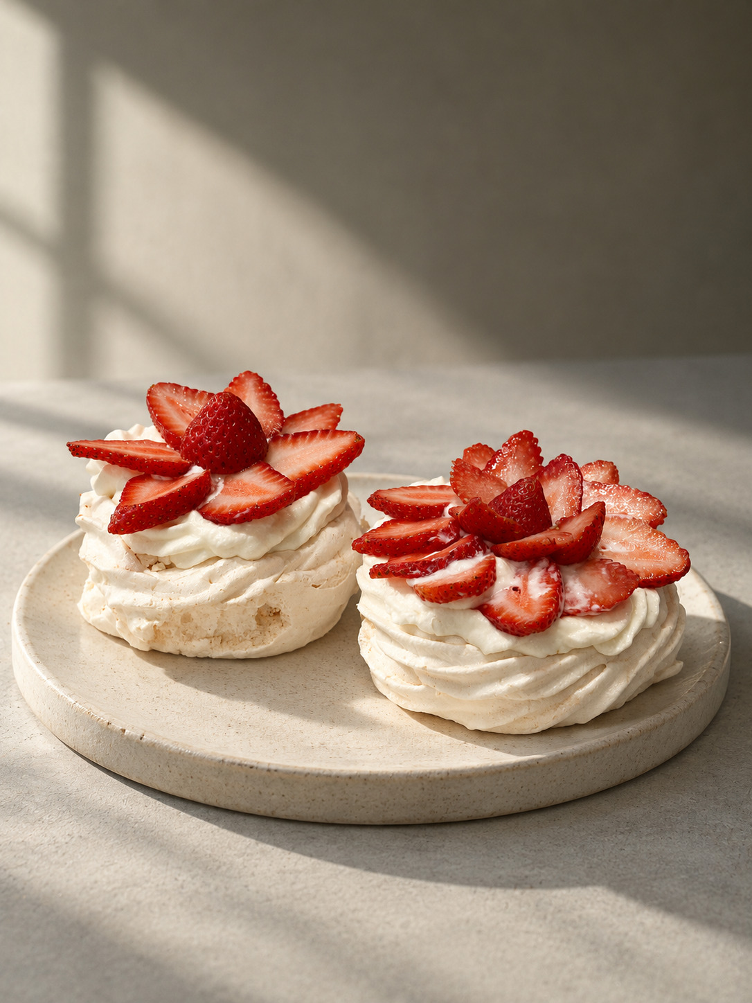 Dos tortitas de merengue con frutillas