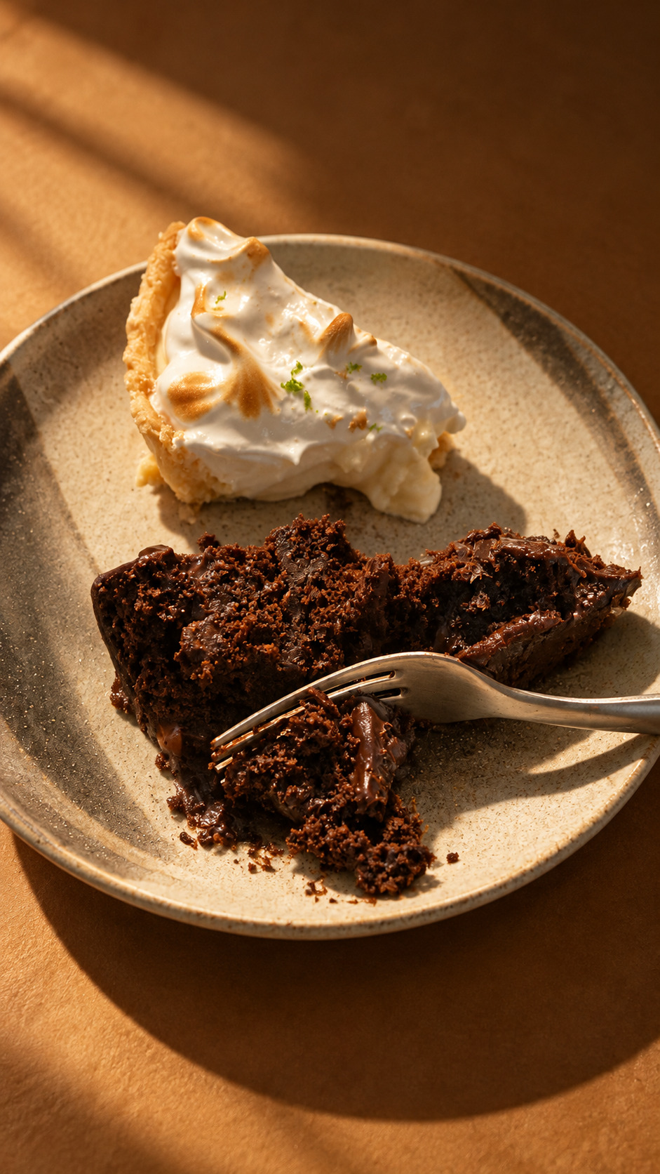 Dos porciones de postre en un plato, con un tenedor